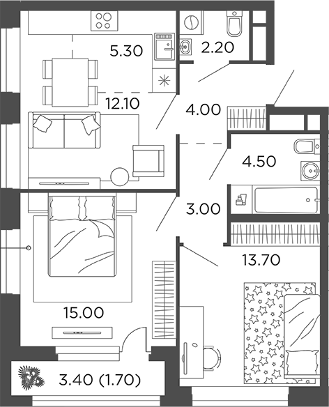 Планировка — Филатов Луг, 3-комн., 60 м²
