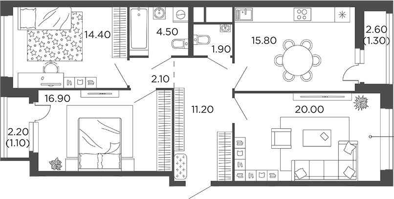 Планировка — Филатов Луг, 3-комн., 87 м²