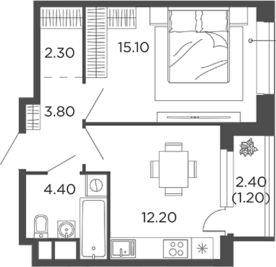 Планировка — Филатов Луг, 1-комн., 38 м²