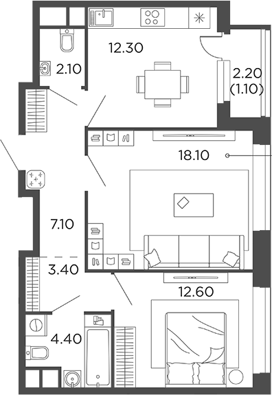 Планировка — Филатов Луг, 2-комн., 60 м²