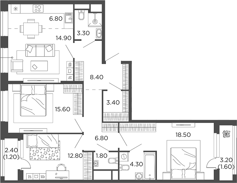 Планировка — Филатов Луг, 4-комн., 97 м²