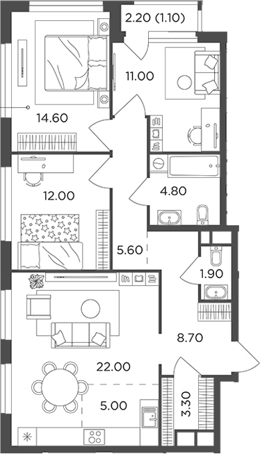 Планировка — Филатов Луг, 4-комн., 89 м²