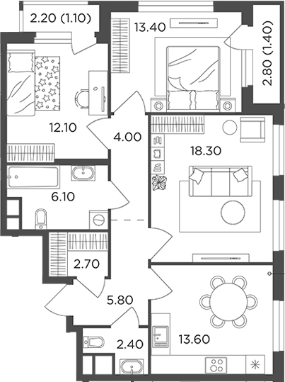 Планировка — Филатов Луг, 3-комн., 78 м²
