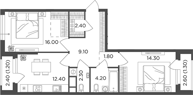 Планировка — Филатов Луг, 2-комн., 63 м²