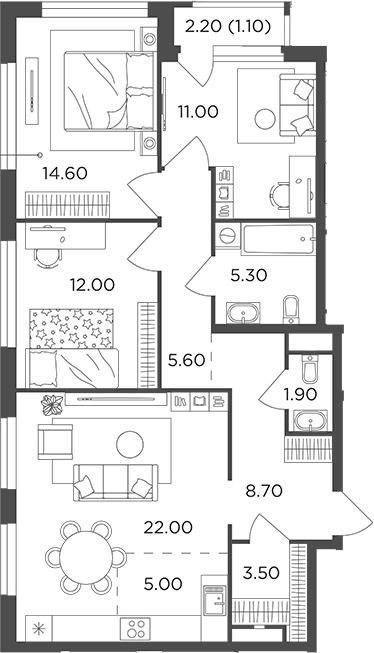 Планировка — Филатов Луг, 4-комн., 90 м²