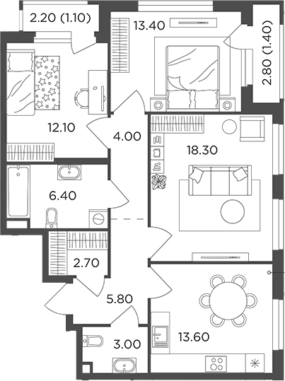 Планировка — Филатов Луг, 3-комн., 79 м²