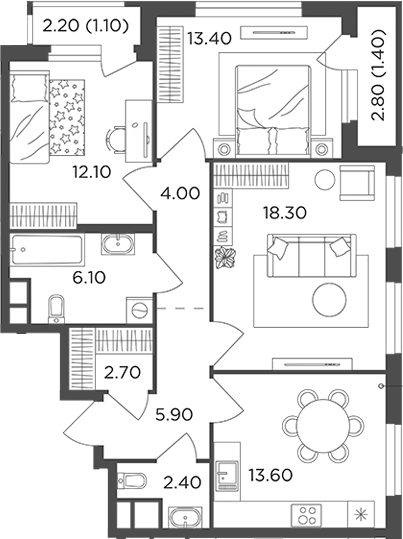 Планировка — Филатов Луг, 3-комн., 79 м²