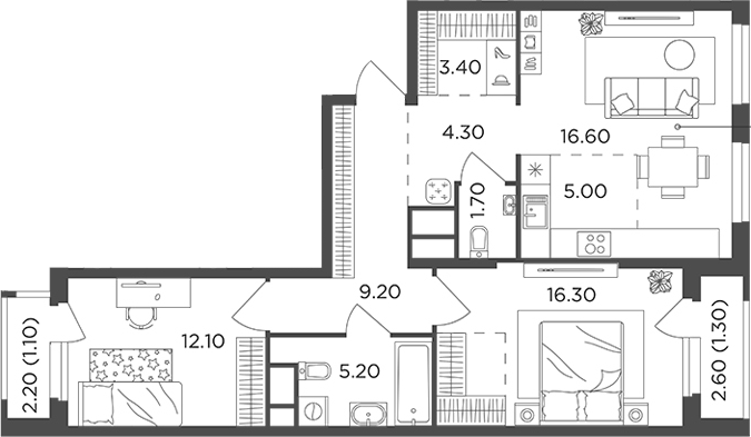 Планировка — Филатов Луг, 3-комн., 74 м²