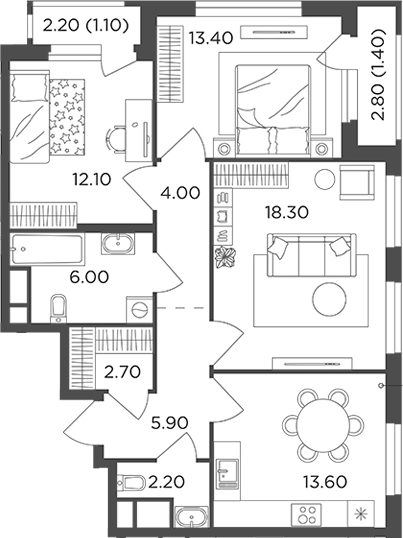 Планировка — Филатов Луг, 3-комн., 78 м²