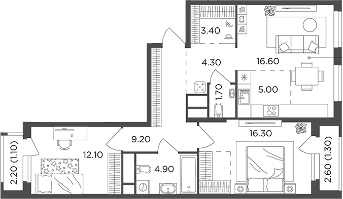 Планировка — Филатов Луг, 3-комн., 74 м²