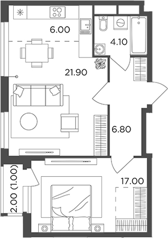 Планировка — Филатов Луг, 2-комн., 56 м²