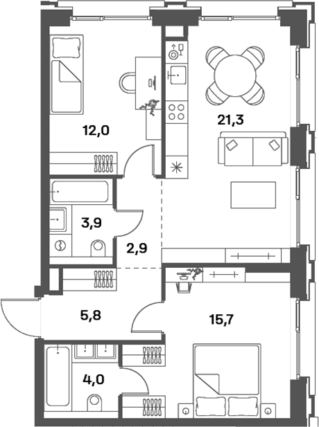Планировка — PORTLAND, 3-комн., 66 м²