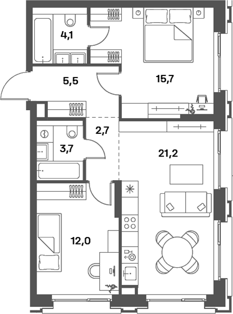 Планировка — PORTLAND, 3-комн., 65 м²