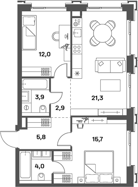 Планировка — PORTLAND, 3-комн., 66 м²