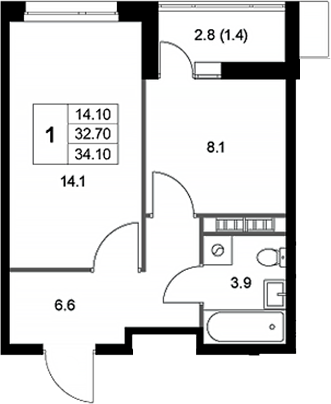 Планировка — Легенда Коренево, 1-комн., 33 м²