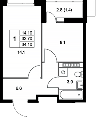 Планировка — Легенда Коренево, 1-комн., 33 м²
