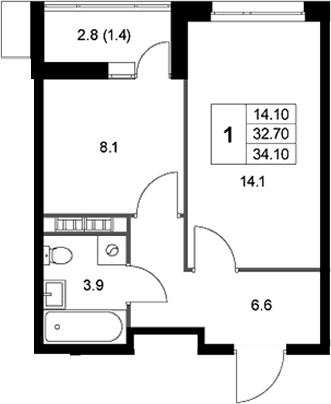 Планировка — Легенда Коренево, 1-комн., 33 м²