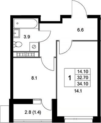 Планировка — Легенда Коренево, 1-комн., 33 м²
