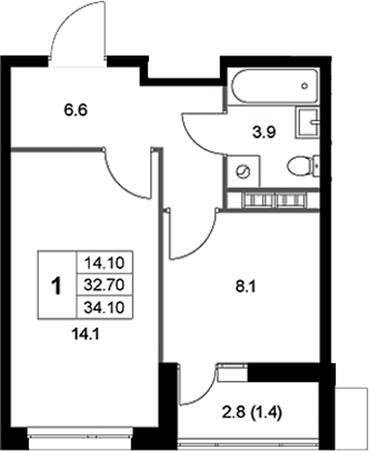 Планировка — Легенда Коренево, 1-комн., 33 м²
