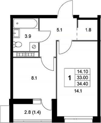 Планировка — Легенда Коренево, 1-комн., 33 м²