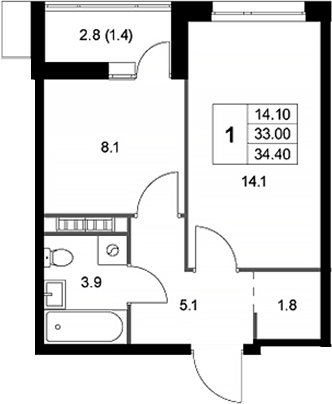 Планировка — Легенда Коренево, 1-комн., 33 м²