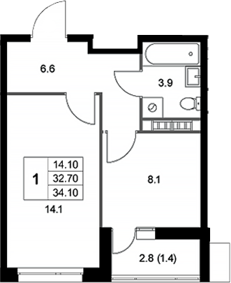 Планировка — Легенда Коренево, 1-комн., 33 м²
