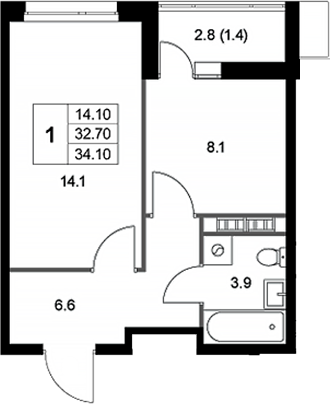 Планировка — Легенда Коренево, 1-комн., 33 м²