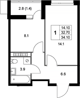 Планировка — Легенда Коренево, 1-комн., 33 м²