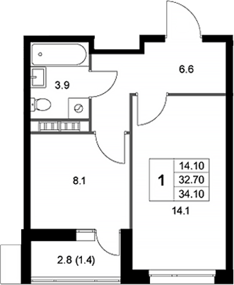 Планировка — Легенда Коренево, 1-комн., 33 м²