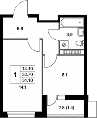 Планировка — Легенда Коренево, 1-комн., 33 м²