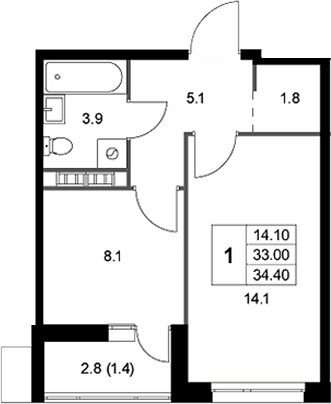 Планировка — Легенда Коренево, 1-комн., 33 м²