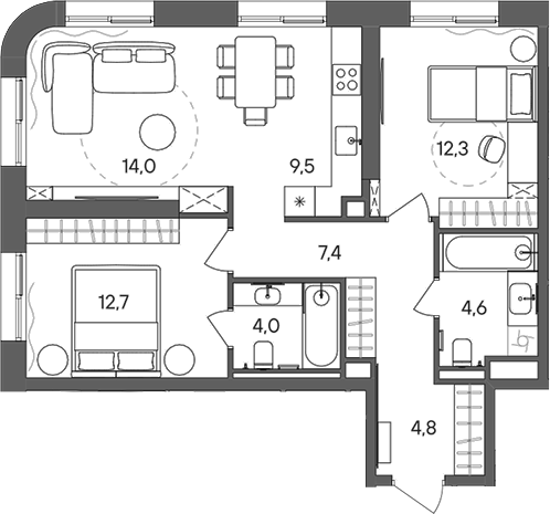 Планировка — СТОУН Сокольники, 3-комн., 69 м²
