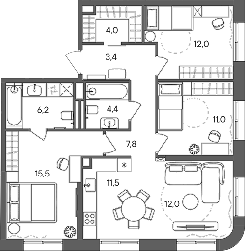 Планировка — СТОУН Сокольники, 4-комн., 88 м²
