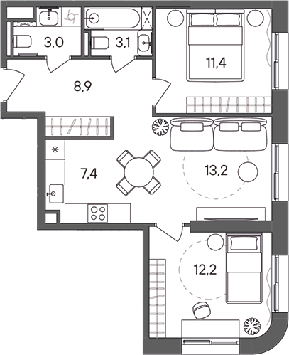Планировка — СТОУН Сокольники, 3-комн., 59 м²