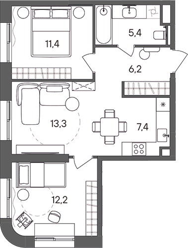 Планировка — СТОУН Сокольники, 3-комн., 56 м²