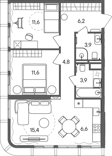 Планировка — СТОУН Сокольники, 3-комн., 64 м²