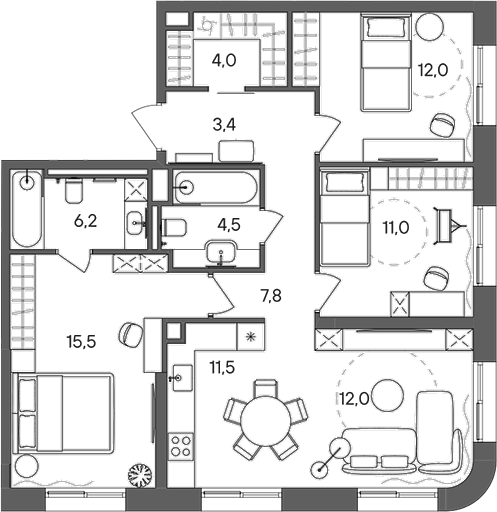 Планировка — СТОУН Сокольники, 4-комн., 88 м²