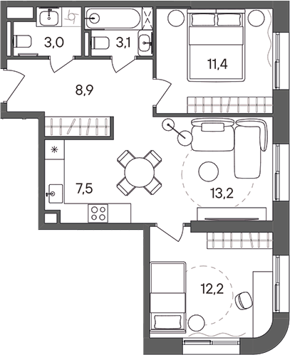 Планировка — СТОУН Сокольники, 3-комн., 59 м²