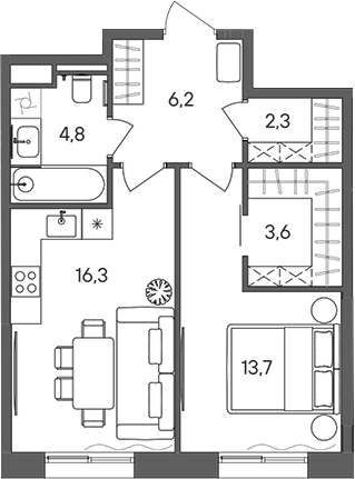 Планировка — СТОУН Сокольники, 1-комн., 47 м²