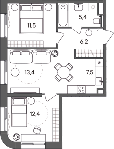 Планировка — СТОУН Сокольники, 3-комн., 56 м²