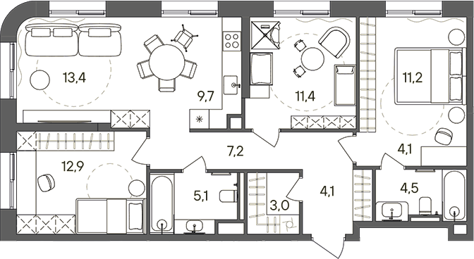Планировка — СТОУН Сокольники, 4-комн., 87 м²