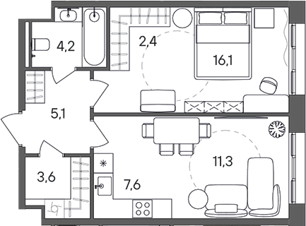 Планировка — СТОУН Сокольники, 2-комн., 50 м²