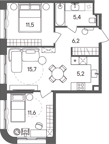 Планировка — СТОУН Сокольники, 3-комн., 56 м²