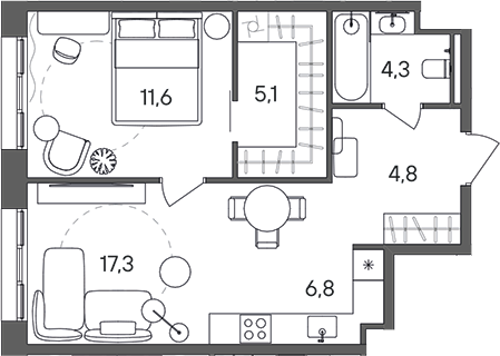 Планировка — СТОУН Сокольники, 2-комн., 50 м²