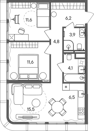 Планировка — СТОУН Сокольники, 3-комн., 64 м²