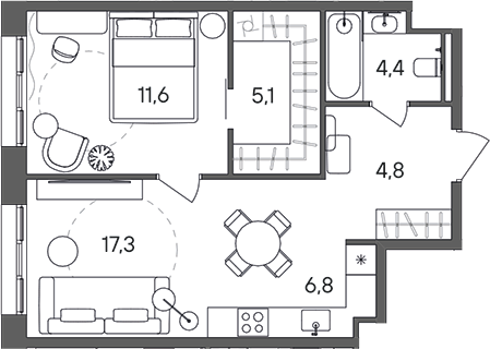 Планировка — СТОУН Сокольники, 2-комн., 50 м²