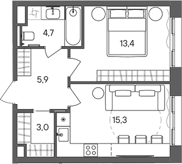 Планировка — СТОУН Сокольники, 1-комн., 42 м²