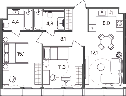 Планировка — СТОУН Сокольники, 3-комн., 64 м²