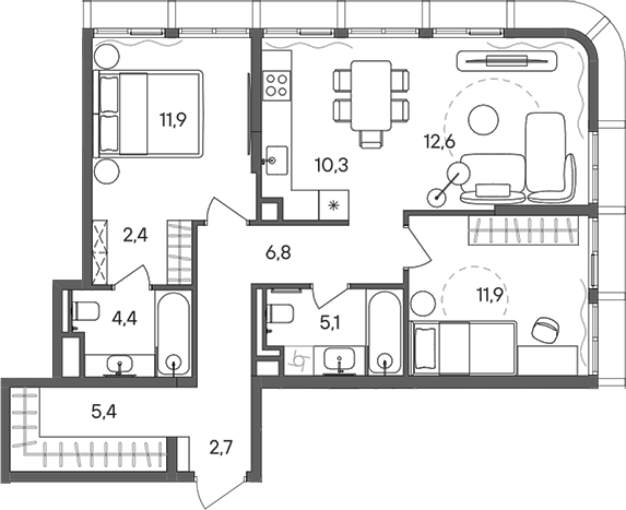 Планировка — СТОУН Сокольники, 3-комн., 74 м²