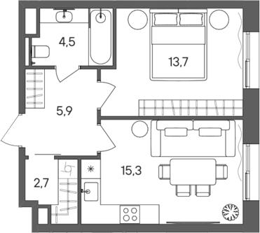 Планировка — СТОУН Сокольники, 1-комн., 42 м²